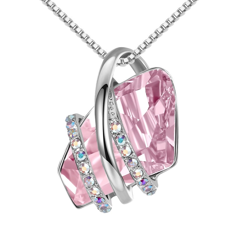 Leafael Wish Stone Pendant Necklace with Light Rosaline Pink Birthstone Crystal for October, Silvertone, 18" + 2" Chain - Image 1